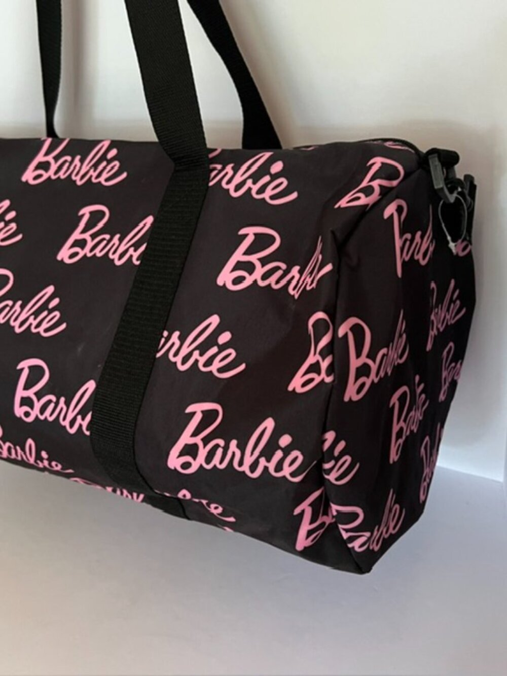 Barbie Large Weekender Travel Duffle Bag Black with All-over Pink Logos NWOT - Picture 3 of 7